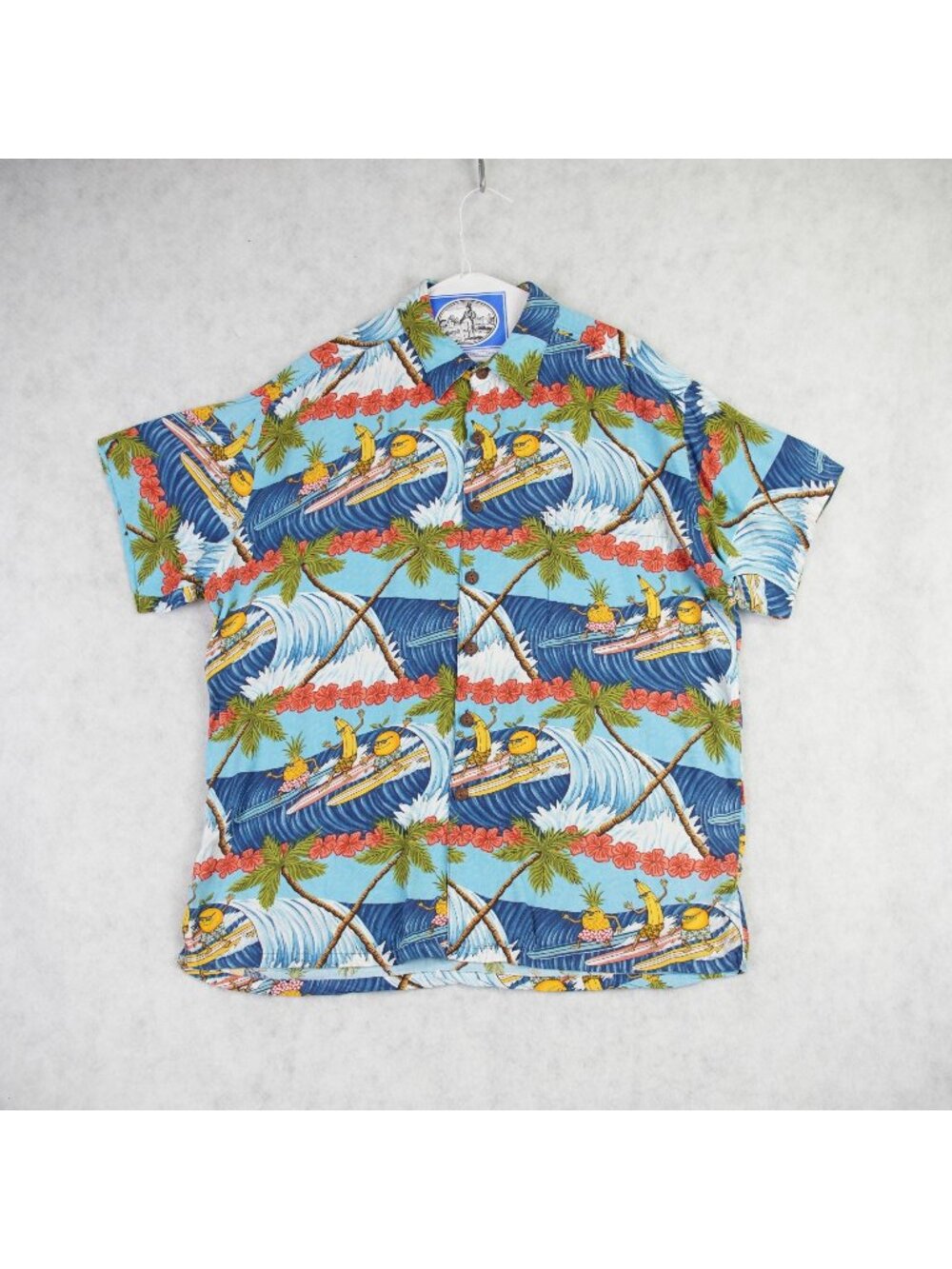 VTG KAHALA Mens Graphic Print Aloha Shirt Sz L Rayon Orange Banana Surfing 90s